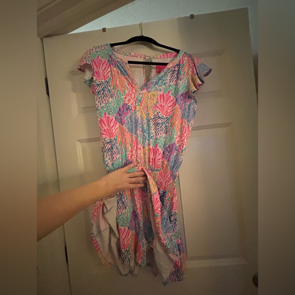 Lilly Pulitzer Smock Waist Flutter Sleeve Romper in Colorful Coral print - Picture 3 of 5